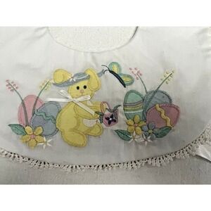 VTG Scalloped Edge Reversible Baby Bib w' Hand Embroidered Bunny Eggs Flowers